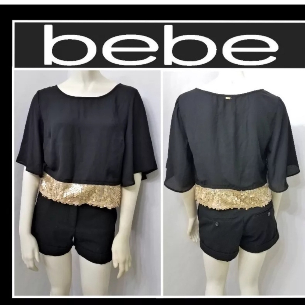 bebe 3/4 SLEEVE STASHA SEQUIN TOP SEXY BLOUSE SZ XS COLOR BLACK (NEW ), WOMEN